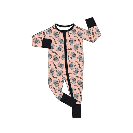 (Custom Design Preorder MOQ 5) Welder Print Baby Girls Fall Sleeper Zipper Romper