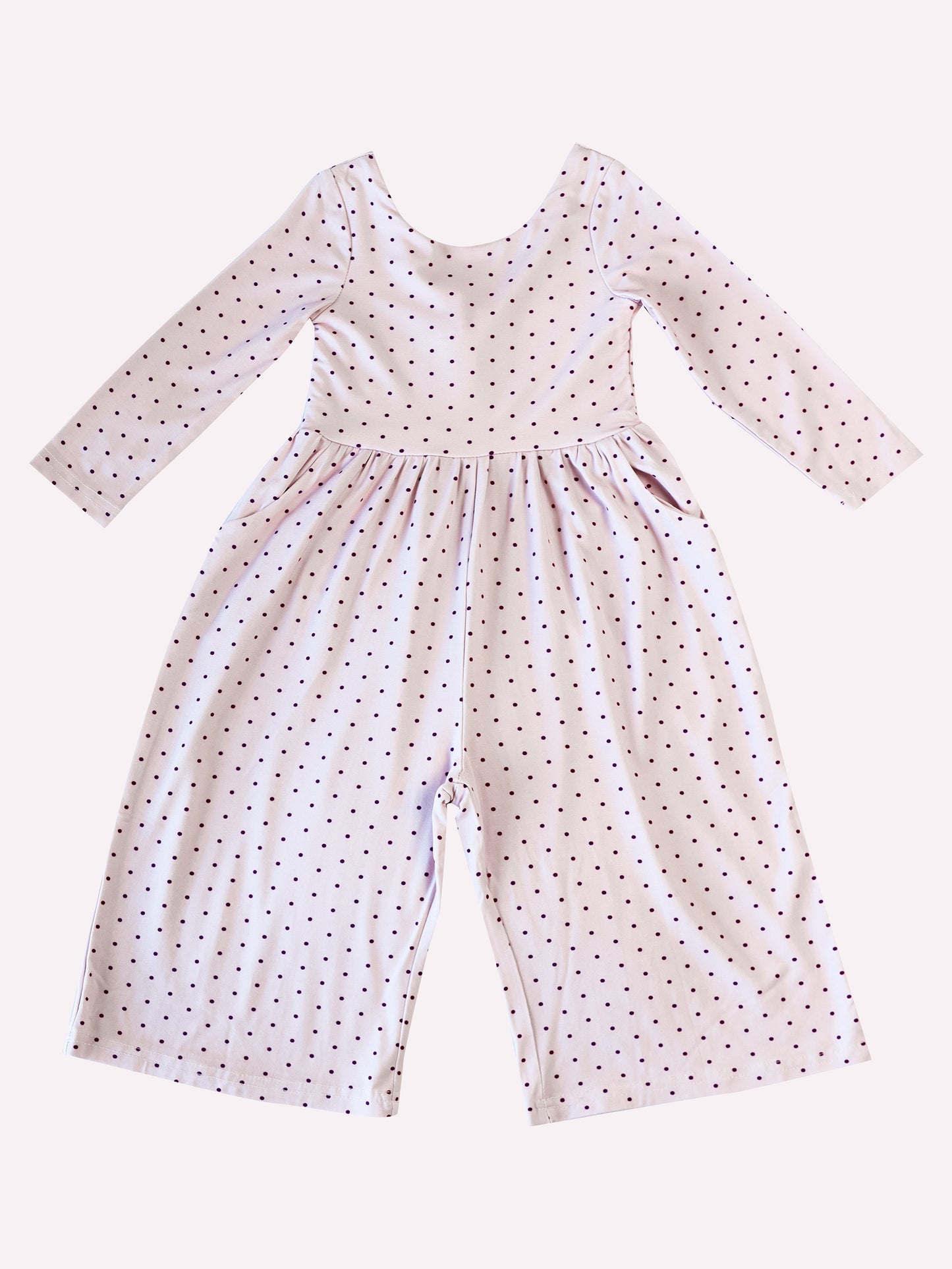 (Custom Design Preorder MOQ 5) Pink Dots Print Pockets Girls Spring Swoop Back Long Sleeve Leggy Jumpsuits