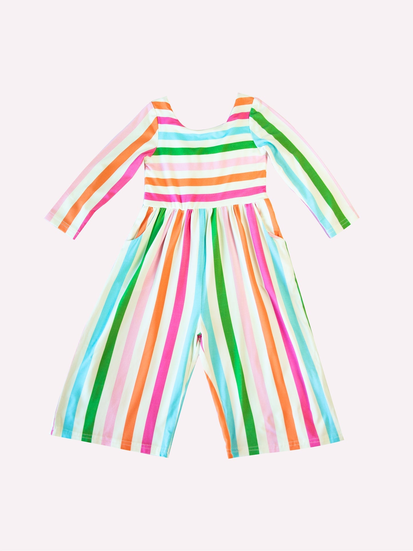 (Split Order Preorder) Deadline Feb.6 Colorful Stripes Print Pockets Girls Spring Swoop Back Long Sleeve Leggy Jumpsuits