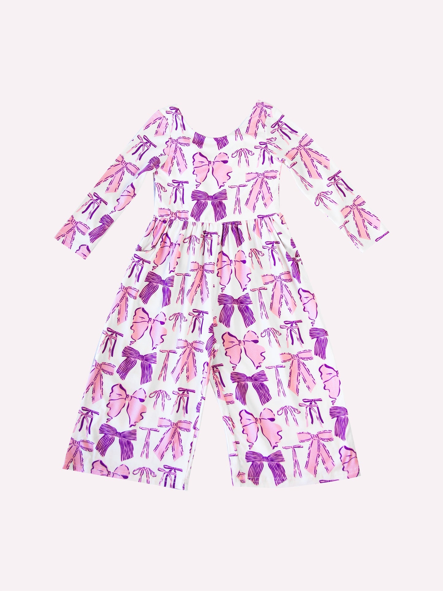 (Custom Design Preorder MOQ 5) Purple Bows Print Pockets Girls Spring Swoop Back Long Sleeve Leggy Jumpsuits