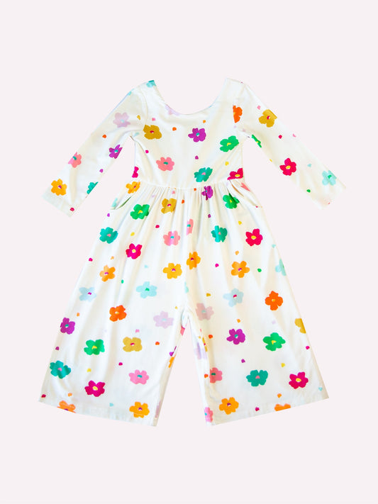 (Custom Design Preorder MOQ 5) Colorful Flowers Print Pockets Girls Spring Swoop Back Long Sleeve Leggy Jumpsuits