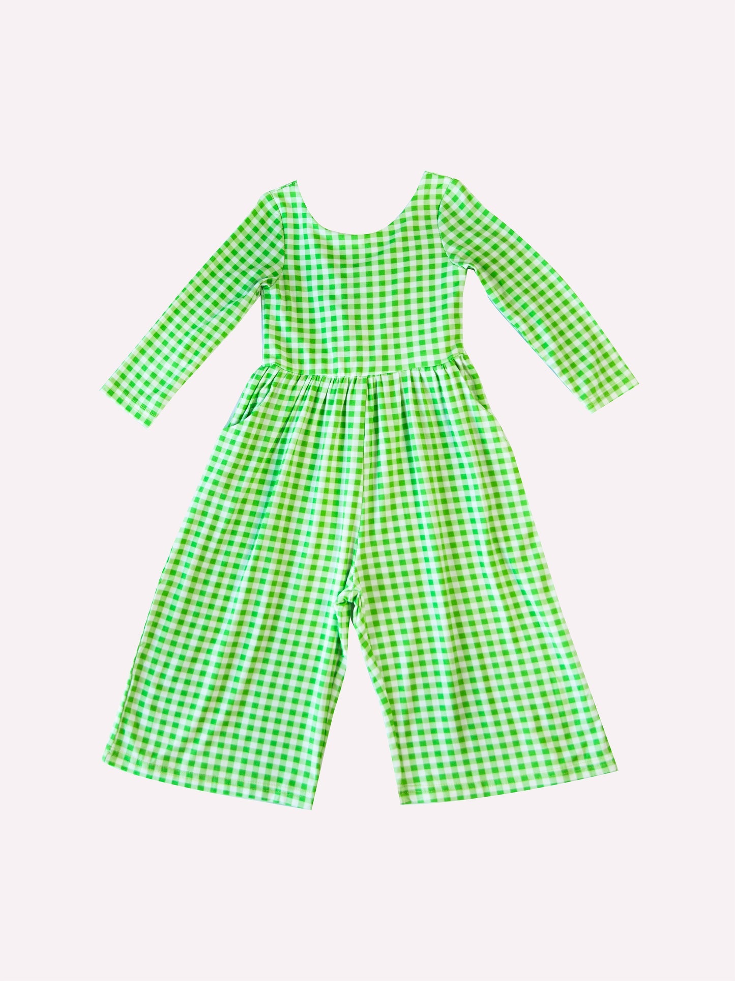 (Custom Design Preorder MOQ 5) Green Plaid Print Pockets Girls Spring Swoop Back Long Sleeve Leggy Jumpsuits