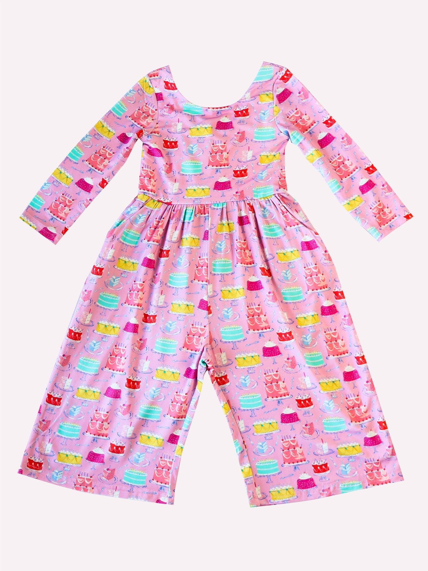 (Custom Design Preorder MOQ 5) Cake Print Pockets Girls Spring Swoop Back Long Sleeve Leggy Jumpsuits