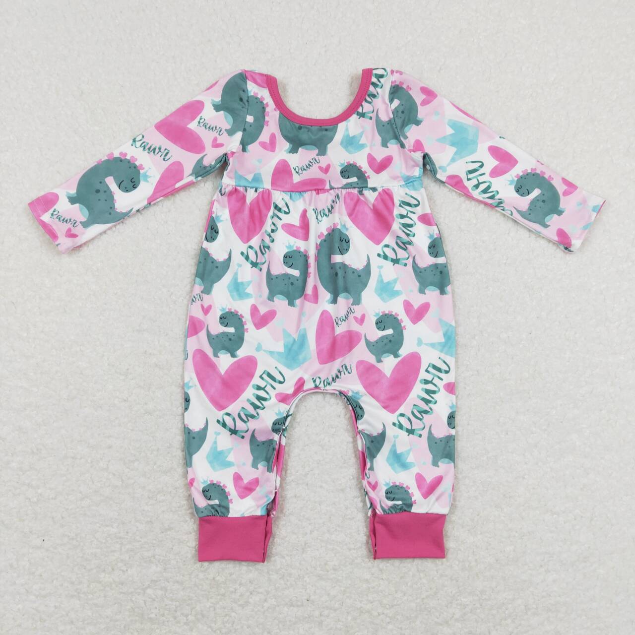 LR0877 Dino Heart Print Baby Girls Valentine's Romper