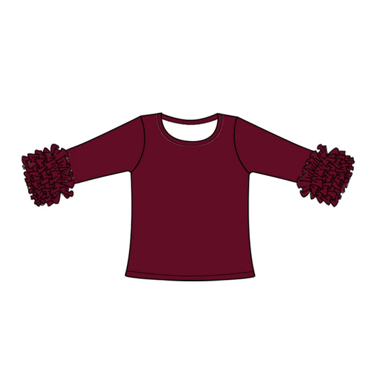 (Custom Design Preorder MOQ 5) Maroon Color Girls Icing Ruffle Long Sleeve Tee Shirts Tops