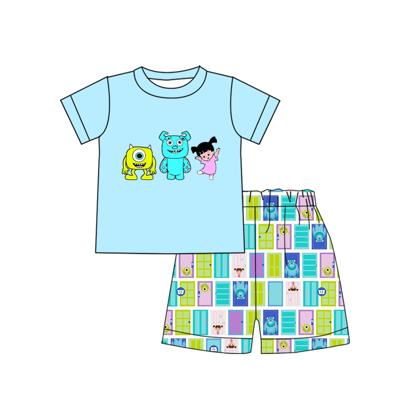 (Custom Design Preorder MOQ 5)  Cartoon Monster Print Boys Summer Clothes Set