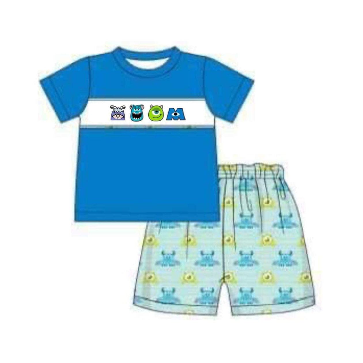 (Custom Design Preorder MOQ 5)  Cartoon Monster Print Boys Summer Clothes Set