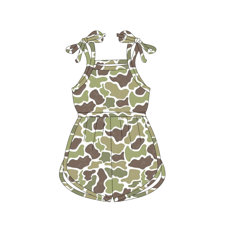 (Custom Design Preorder MOQ 5) Green Camo Print Girls Summer Jumpsuits