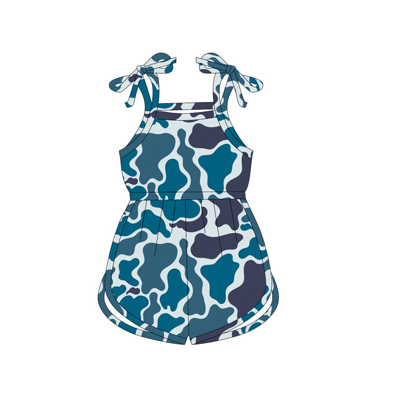 (Custom Design Preorder MOQ 5) Blue Camo Print Girls Summer Jumpsuits