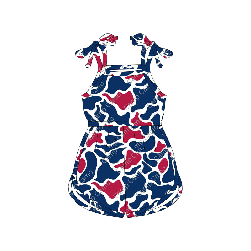 (Custom Design Preorder MOQ 5) Navy Red Camo Print Girls 4th of July Jumpsuits