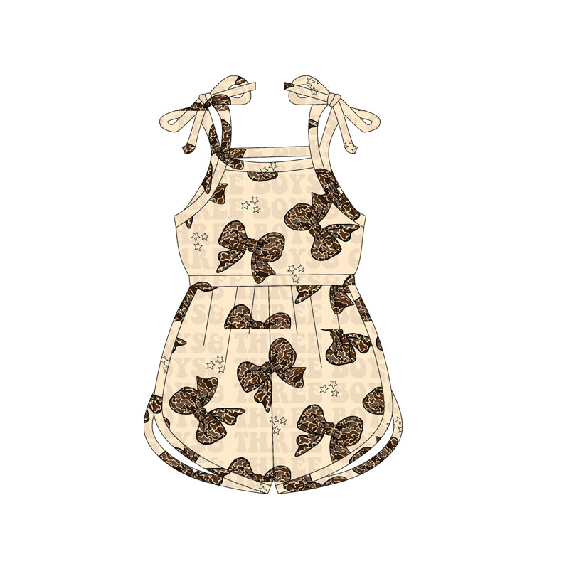 (Custom Design Preorder MOQ 5) Brown Camo Bows Print Girls Summer Jumpsuits