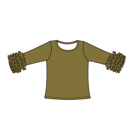 (Custom Design Preorder MOQ 5) Olive Color Girls Icing Ruffle Long Sleeve Tee Shirts Tops