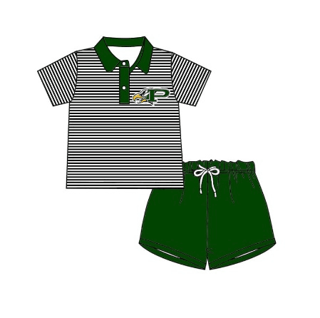 (Custom Design Preorder MOQ 5) Team's P Print Polo Top Green Shorts Boys Summer Clothes Set