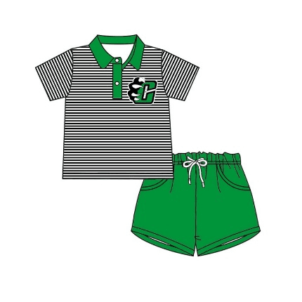 (Custom Design Preorder MOQ 5) Team's C Print Polo Top Green Shorts Boys Summer Clothes Set