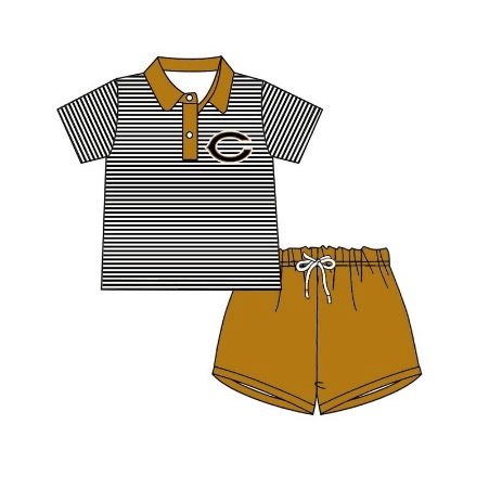 (Custom Design Preorder MOQ 5) Team's C Print Polo Top Mustard Shorts Boys Summer Clothes Set