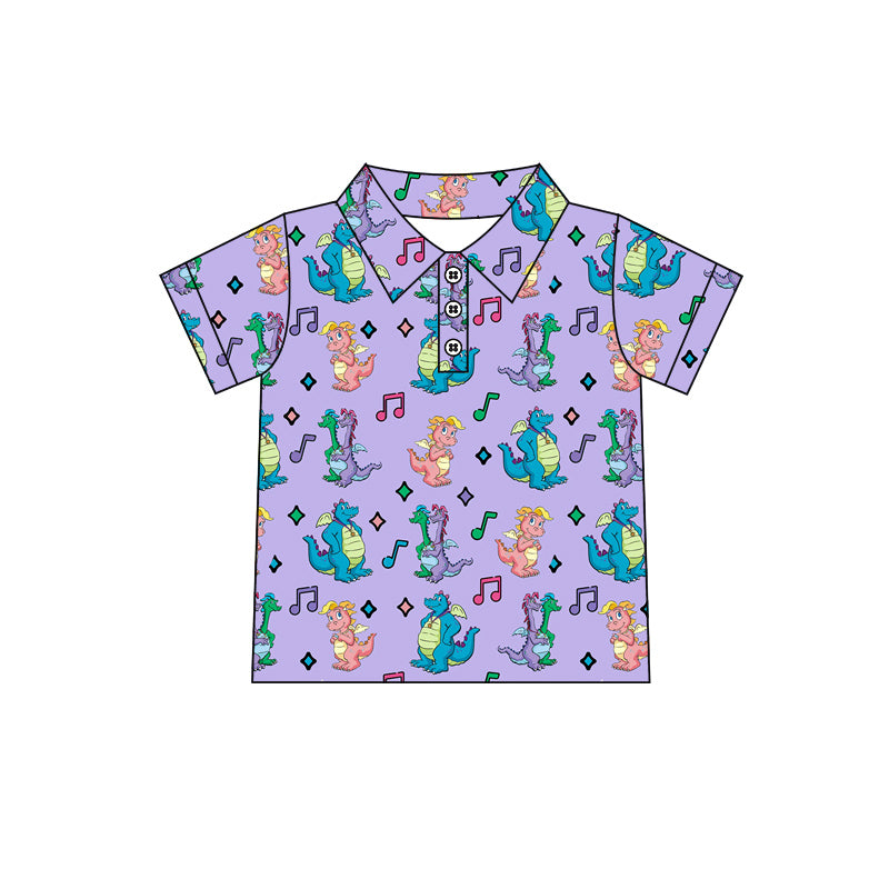 (Custom Design Preorder MOQ 5 ) Cartoon Dragon Purple Print Boys Summer Polo Top