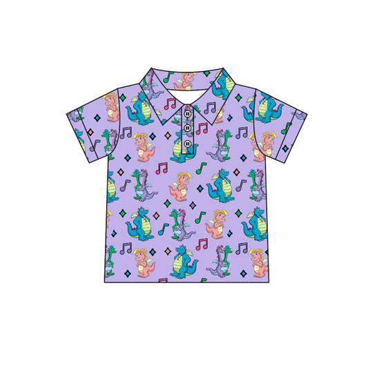 (Custom Design Preorder MOQ 5 ) Cartoon Dragon Purple Print Boys Summer Polo Top