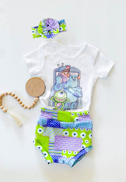 (Custom Design MOQ 5)  Cute Monster Print Baby Girls Summer 3 Pieces Bummie Sets