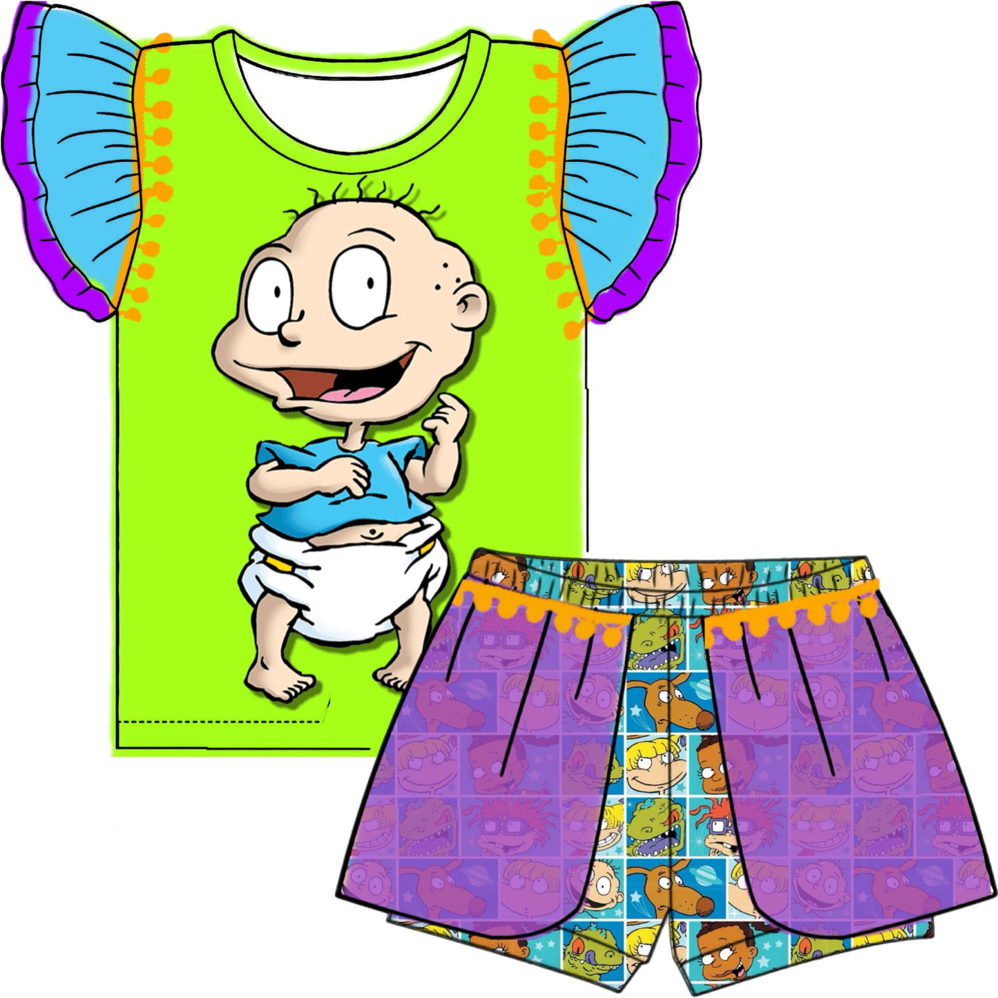 (Custom Design Preorder MOQ 5) Rugrat Print Girls Summer Clothes Set