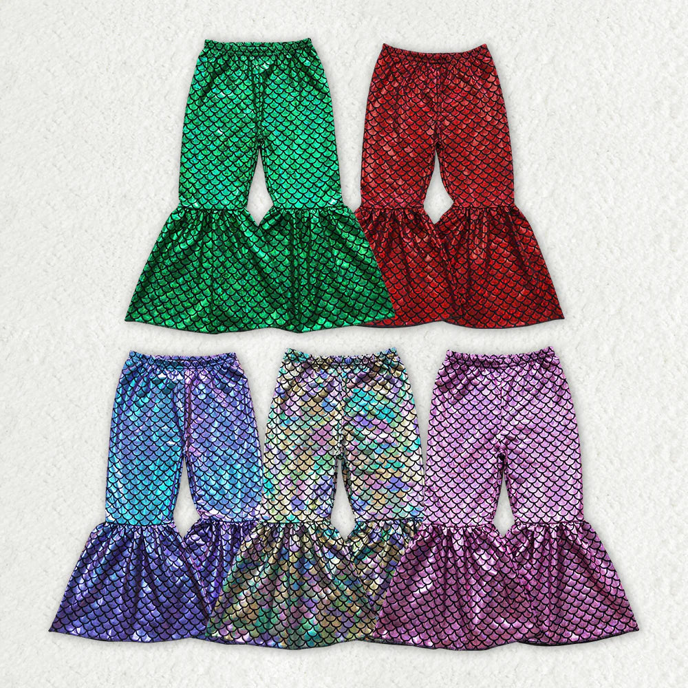 5 Colors Mermaid Scale Holographic Spandex Bell Bottom Pants Sisters Wear