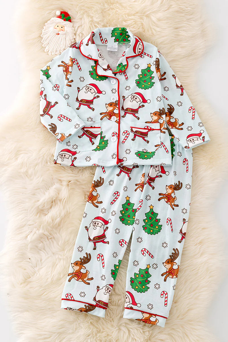 (Custom Design Preorder MOQ 5) Santa Deer Candy Cane Print Girls Christmas Buttons Pajamas Clothes Set