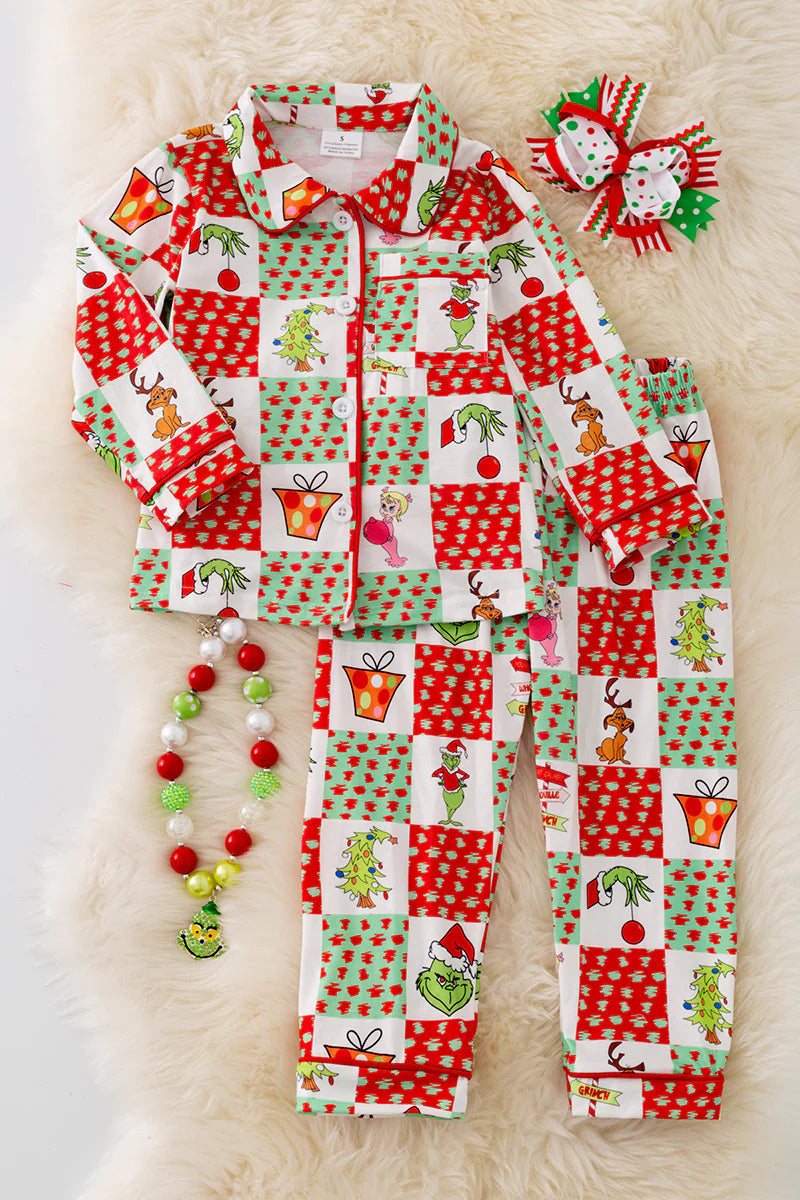 (Custom Design Preorder MOQ 5) Green Frog Plaid Print Girls Christmas Buttons Pajamas Clothes Set