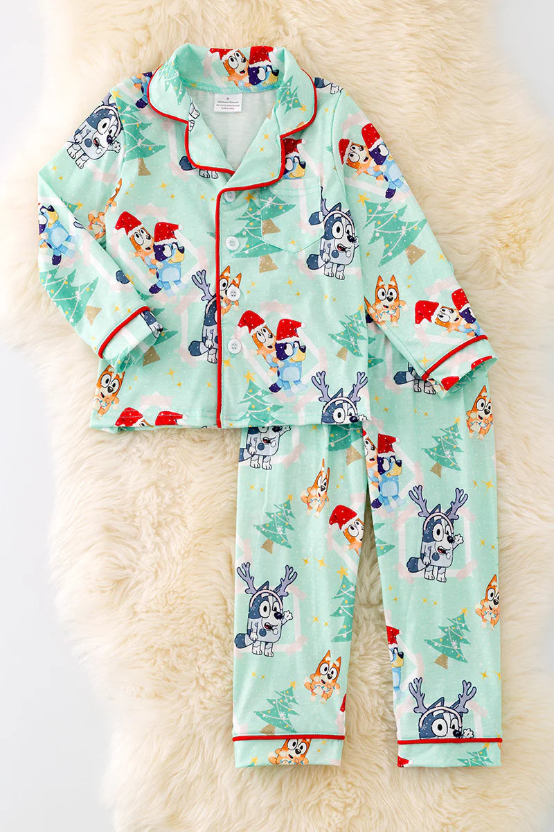 (Custom Design Preorder MOQ 5) Cartoon Dog Trees Print Girls Christmas Buttons Pajamas Clothes Set