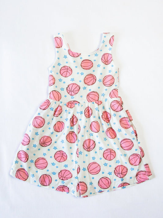 (Custom Design Preorder MOQ 5) Pink Basketball Print Pockets Girls Sleeveless Short Leggy Jumpsuits