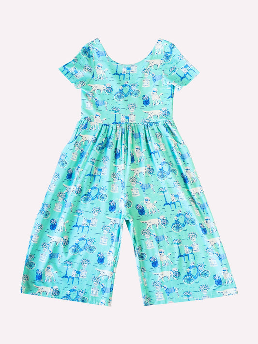 (Custom Design Preorder MOQ 5) Dog Blue Print Pockets Girls Swoop Back Short Sleeve Leggy Jumpsuits