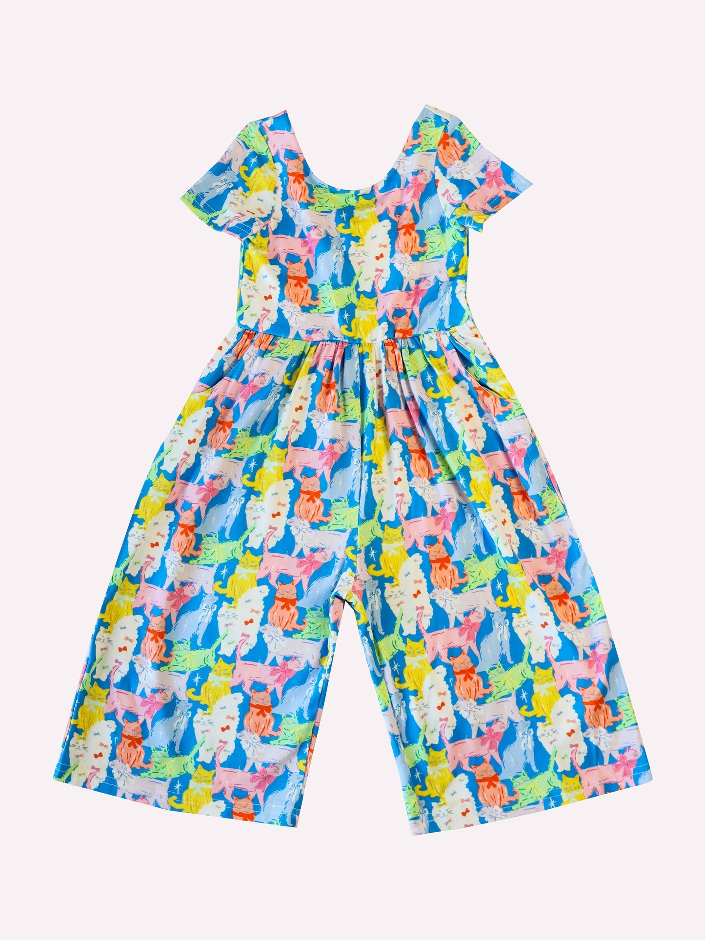 (Custom Design Preorder MOQ 5) Colorful Cats Print Pockets Girls Swoop Back Short Sleeve Leggy Jumpsuits