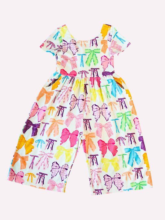 (Custom Design Preorder MOQ 5) Colorful Bows Print Pockets Girls Swoop Back Short Sleeve Leggy Jumpsuits