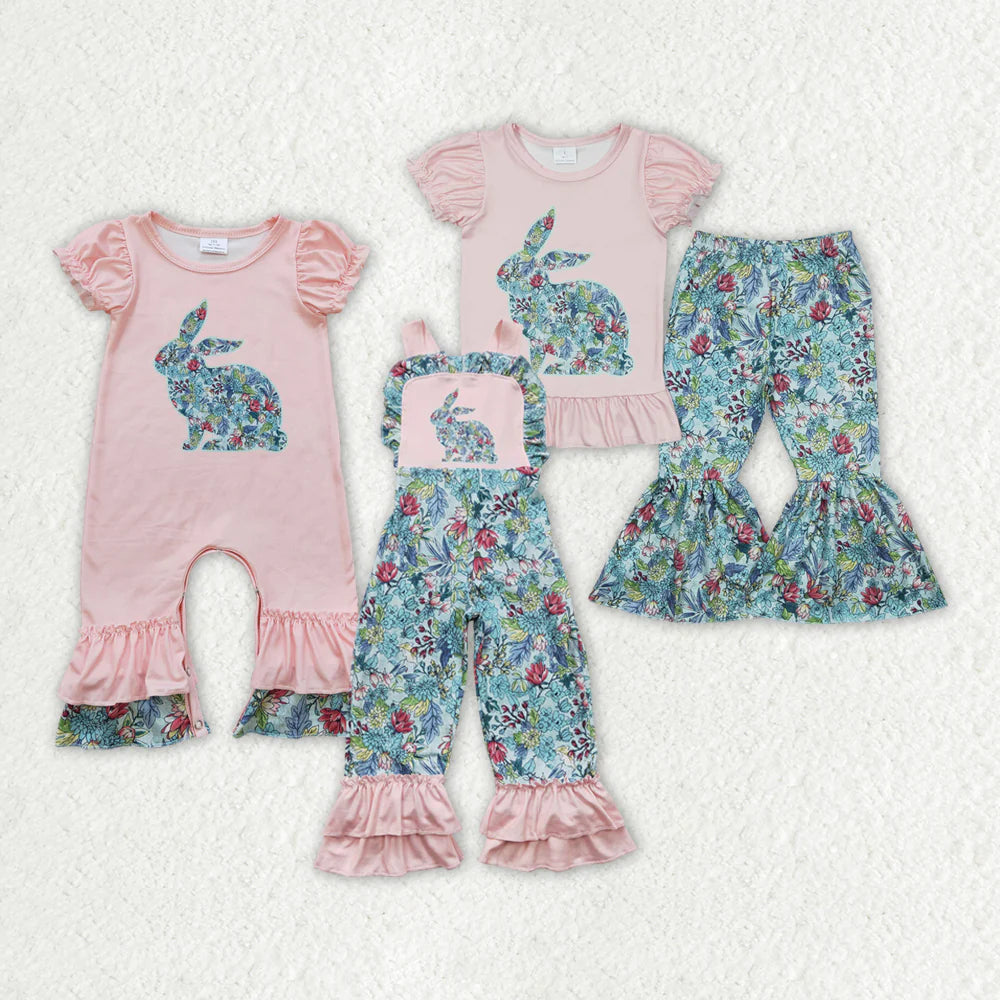 Flowers Bunny Pink Print Sisters Easter Matching Clothes