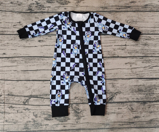 LR1910 Kids black plaid cartoon dog zipper romper