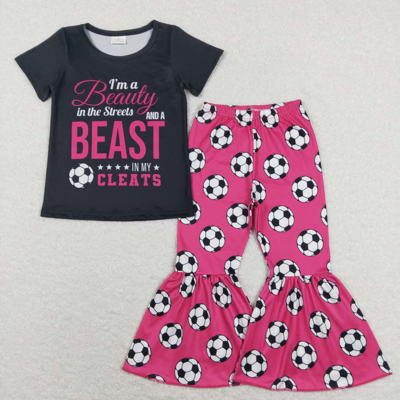 GSPO1262 Soccer Print Bell Pants Girls Clothes Set