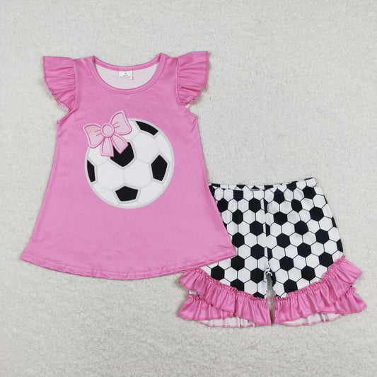 GSSO0496  Pink Top Soccer Print Shorts Girls Summer Clothes Set