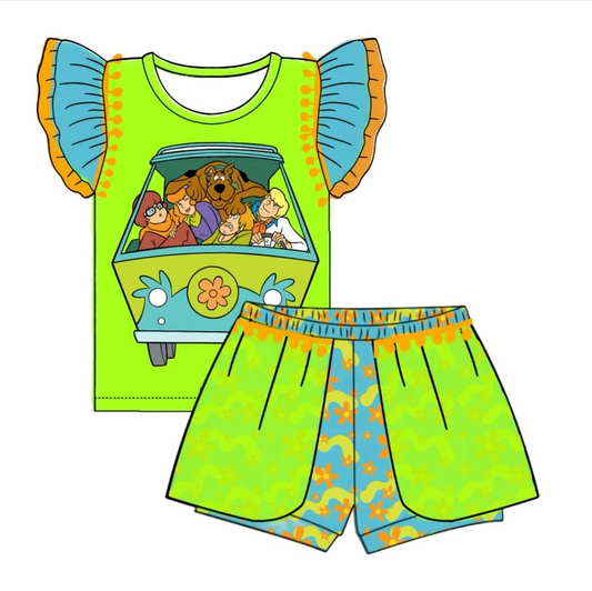 (Custom Design Preorder MOQ 5) Cartoon Dog Print Girls Summer Clothes Set