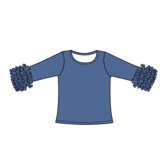 (Custom Design Preorder MOQ 5) Stone Blue Color Girls Icing Ruffle Long Sleeve Tee Shirts Tops