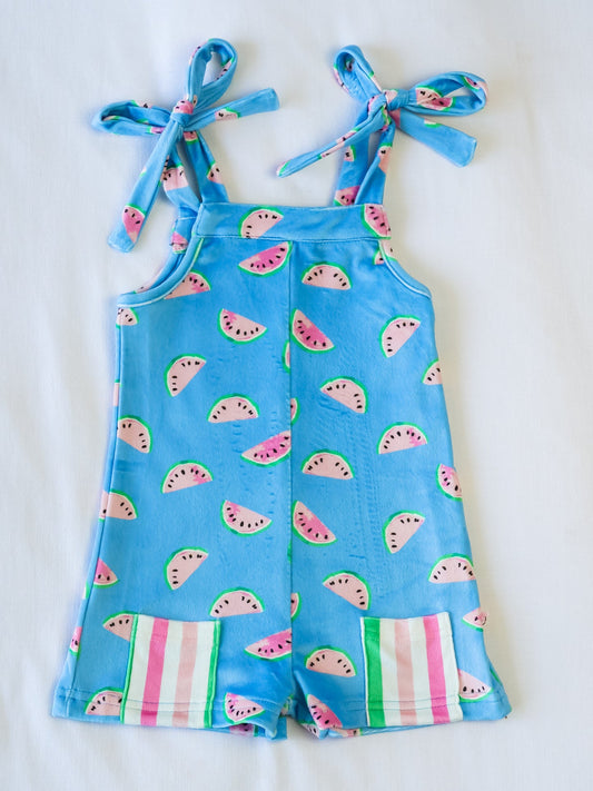 (Custom Design Preorder MOQ 5) Watermelon Print Pockets Girls Strap Jumpsuits