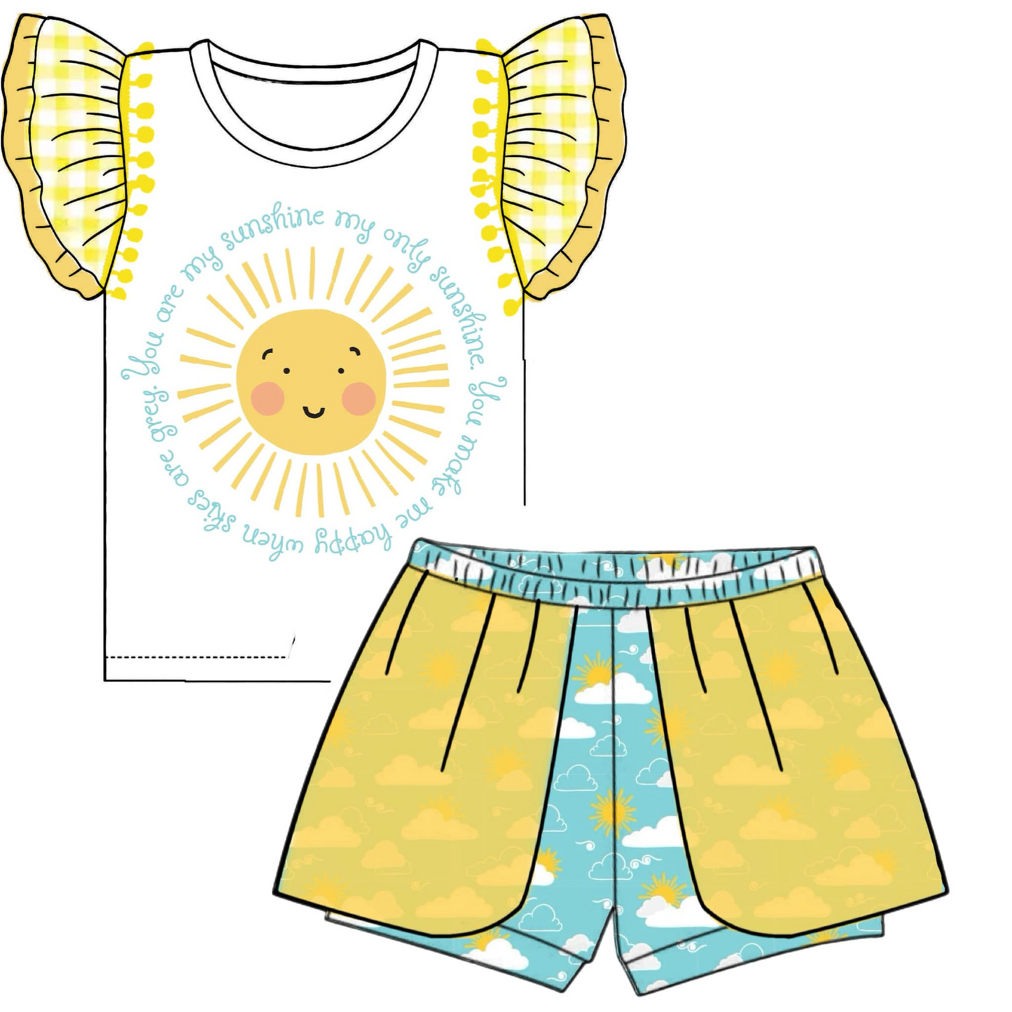 (Custom Design Preorder MOQ 5) Sunshine Print Girls Summer Clothes Set