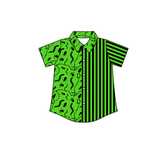 (Custom Design Preorder MOQ 5) Insect Stripes Green Print Boys Halloween Tee Shirts Top