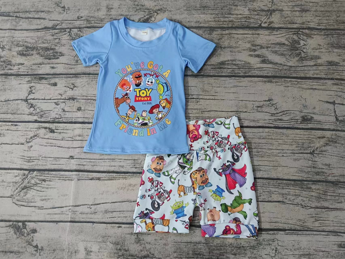 (Custom Design Preorder MOQ 5) Blue Cartoon Toys Print Boys Summer Clothes Set