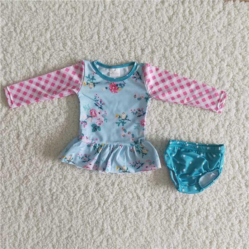 Girls long sleeve flower print swimsuit