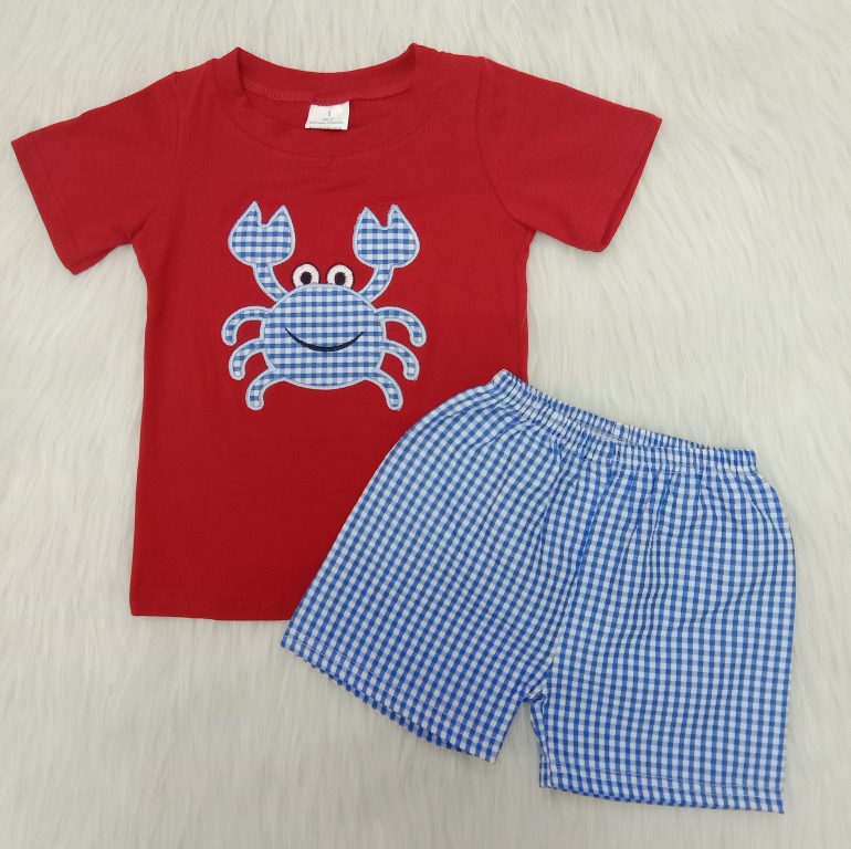 (Promotion)Boys red cotton top crab embroideried blue plaid shorts summer outfits