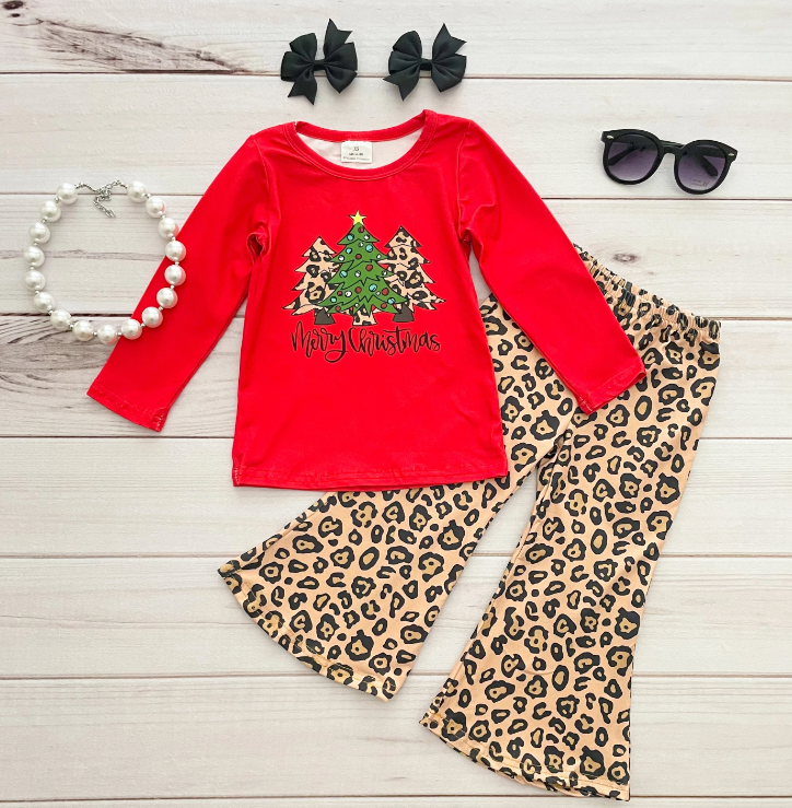 (Promotion)6 A4-19 Merry Christmas Tree Top Leopard Pants Girls Outfits