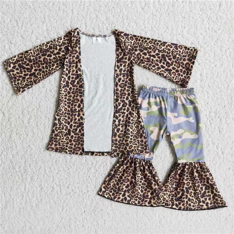 (Promotion)6 A25-2Girls Leopard Cardigan Camo Bell Bottom Pants Outfits