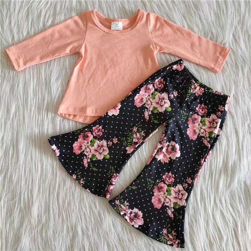 (Promotion)Pink Top Flowers Bell Bottom Pants Outfits    6 A20-12