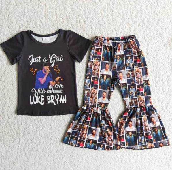 (Promotion)D2-18 Short sleeve singer print bell bottom pants outfits