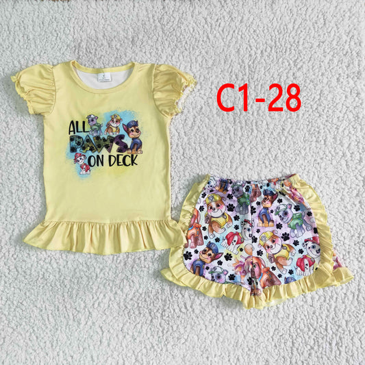(Promotion)Girls yellow cartoon dog ruffles shorts summer outfits   C1-28