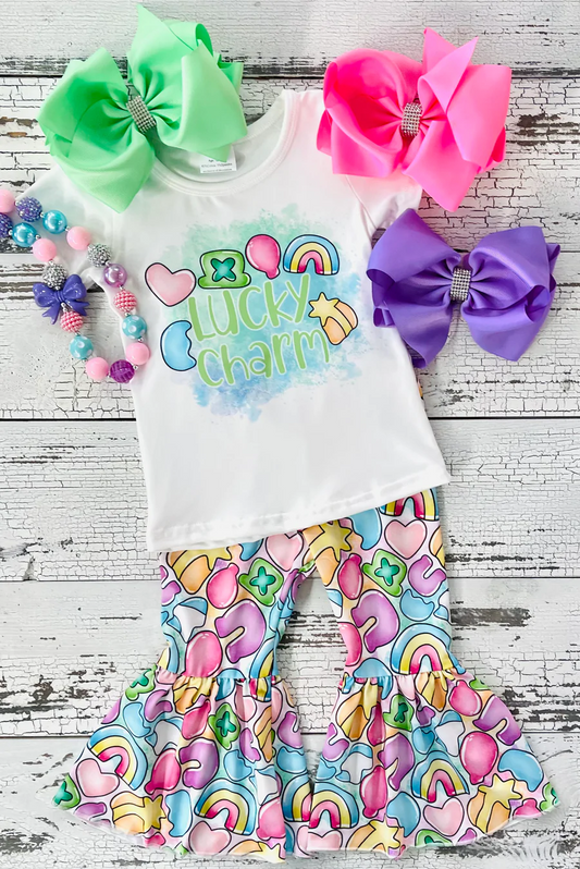 Girls LUCK CHARM print St. Patrick's Day bell pants outfit    GSPO0303