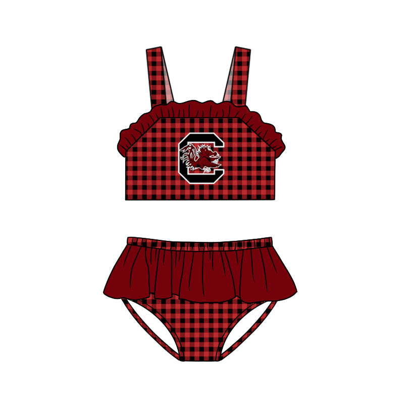 (Custom Design Preorder MOQ 5) Girlsred plaid summer 2 pcs swinsuit